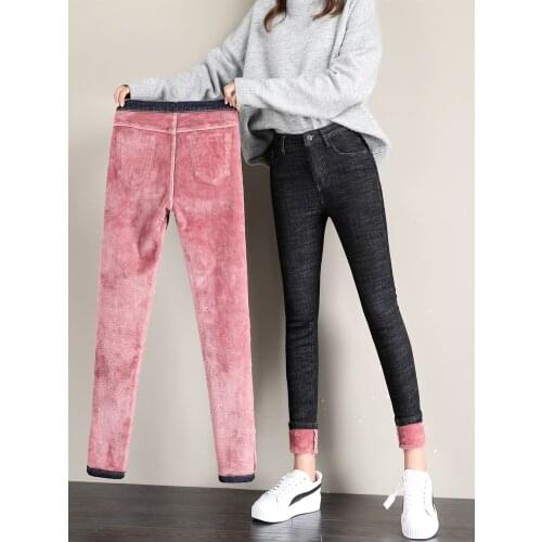 Plush thickened jeans womens winter new high waist pencil pants nine point thin warm tight Leggings elastic outer pants