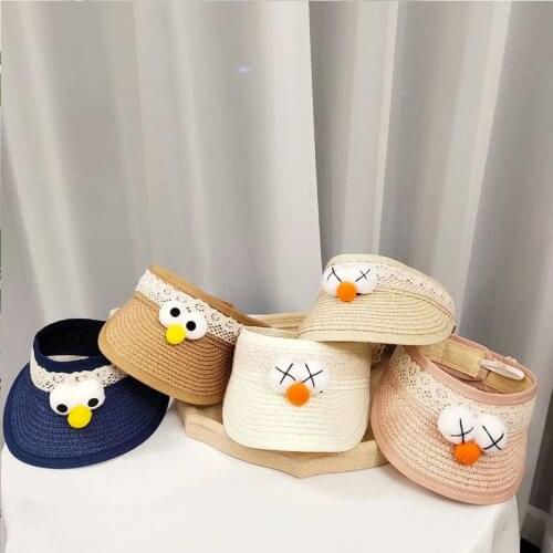 2021 summer boys and girls new cartoon eyes straw hat baby outdoor leisure fashion breathable lace sunscreen empty top hat