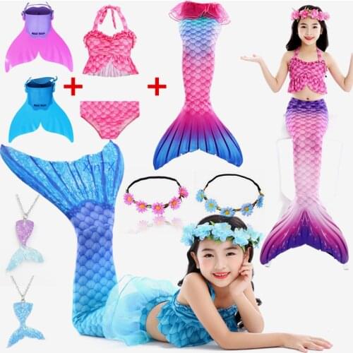 HOT Kid Swimmable Mermaid Tail for Girls Swimming Bating Suit Mermaid Costume Swimsuit can add Monofin Fin Necklace with Garland