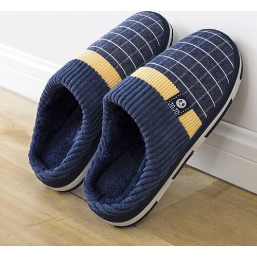 2021 Men Slippers Gingham Warm Winter Shoes Short Plush Flock Home Slippers for Men Hard-wearing Non-slip Sewing Soft Male Shoes
