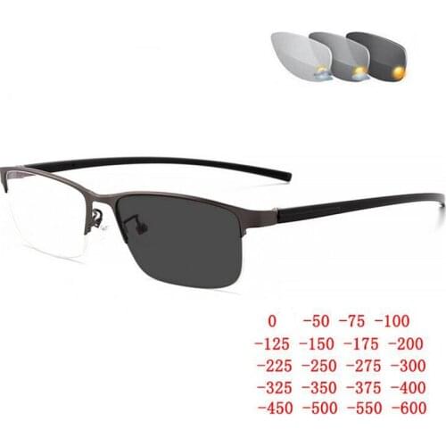 Women Men Sun Photochromic Myopic Glasses Anti-UV Half Frame TR90 Leg Prescription Spectacle Diopter 0 -0.5 -0.75 -1.0 To -6.0