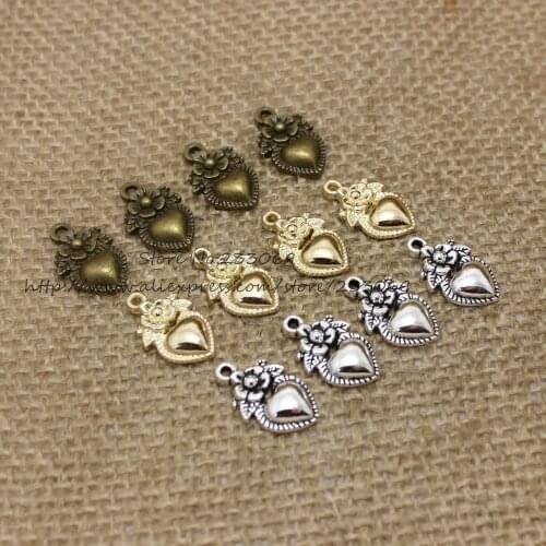 Wholesale 50pcs/lot 10*17mm Antique Bronze Vintage Metal Hearts Made with Love flower Charm Jewelry Heart Charms
