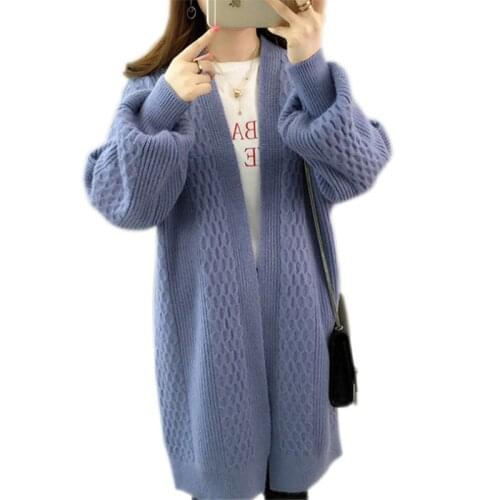 Autumn womens tops lazy Lantern sleeve sweater mid-length plus size womens new Korean style loose knit cardigan jacket ladies