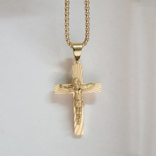 Crucifix Gold Color Jesus Cross Pendant Necklace For Men Women Gift Stainless Steel Catholic Religious Jewelry Dropshipping