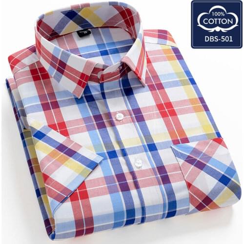 New Shirts for Men Summer Short Sleeve Plaid Top Blouse Korean Style Regular Fit Plus Size Cotton Casual Business Dress Shirt