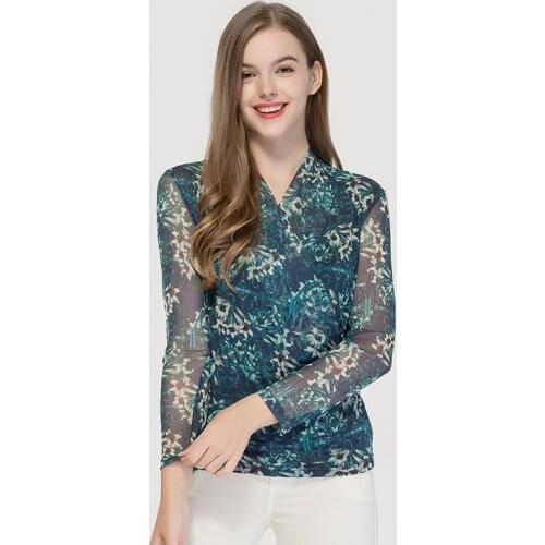 100% Silk Long Sleeve shirt Womens Summer Silk Mesh Cross V-neck Double Bottom Coat