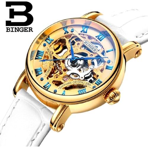 Switzerland luxury Womens watches BINGER brand Skeleton Mechanical Wristwatches sapphire Genuine Leather Strap clock B-5066L4