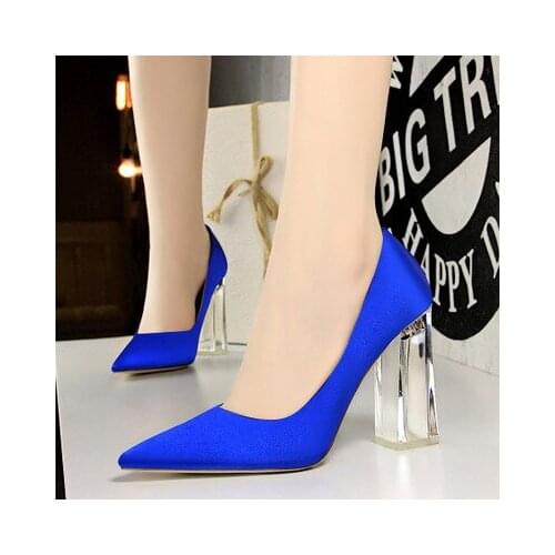 HOT Women Pumps Pointed Toe Women Crystal Thick High Heels 10CM Shoes Elegant Silk Women Wedding Shoes Nightclub Ladies Shoes