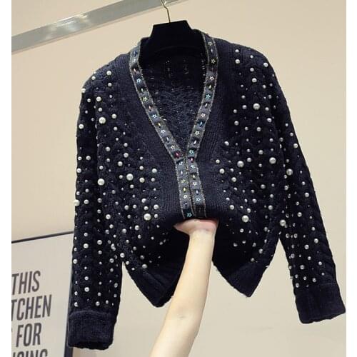 Autumn Winter New Korean Embroidered Bead Stitching Knitted Sweater Women Loose Black Knitting Coat Jacket Female Jumpers