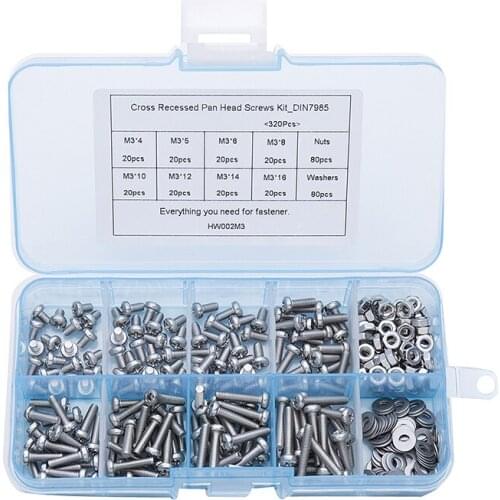 320Pcs/set M3 DIN7985 GB818 Cross Recessed Pan Head Screws Phillips Screws Assortment Kit