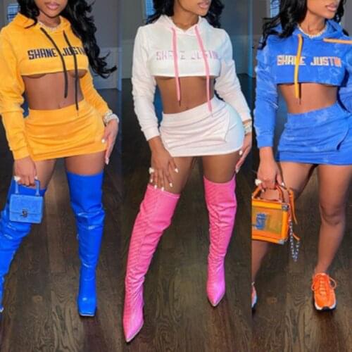 BKLD 2021 Womens Sexy Mini Bandage Skirt 2 Pcs Sets Spring Autumn Letter Hooded Long Sleeve Drawstring Ctop Top And Skirt Suits
