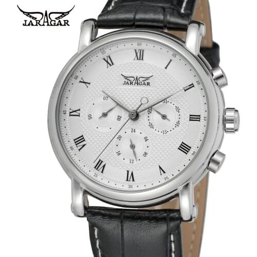 Fashion Jaragar Top Brand Luxury Automatic Mechanical Self-wind 24 Hour Week Date Solid Roman Index Dial Pu Leather Men Watch