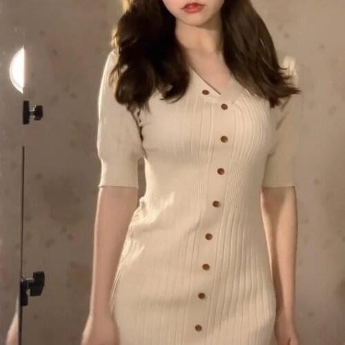 Elegant V-neck Slim Waist Knit Dresses for Women 2021 Summer Temperament Office Lady One Piece Casual Loose Vestido Feminino