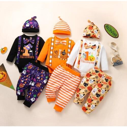Baby Halloween Three-piece Clothes Set Toddler Girl Boy Printed Pattern Long Sleeve Romper Top Pants and Cap Outfit