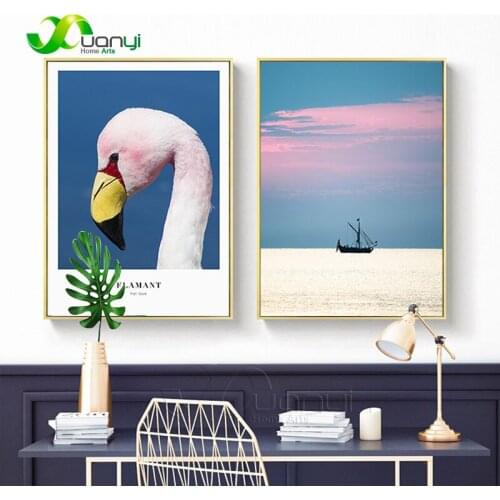 Nordic Seascape Wall Art Painting Nordic Animal Flamingo Canvas Painting Wall Pictures For Living Room Home Decoraction Unframed