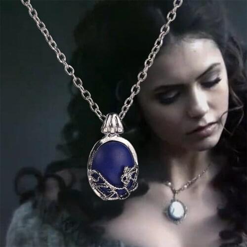 The Vampire Diaries Necklace Vintage Katherine Blue Stone Pendant Dainty Fashion Popular Movie Jewelry Cosplay Women Wholesale
