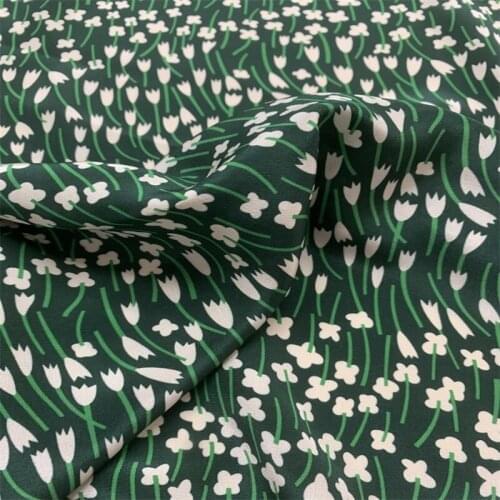 140CM Wide 19MM White Floral Print Ink Green Silk Crepe de Chine Fabric for Summer Dress Shirt Cheongsam Suit Pants G018