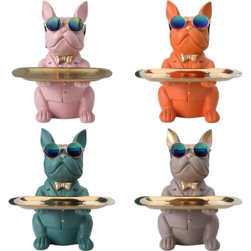 Chic Bulldog Statue Figrines Candy Trinkets Keys Holder Tray Home Decoration