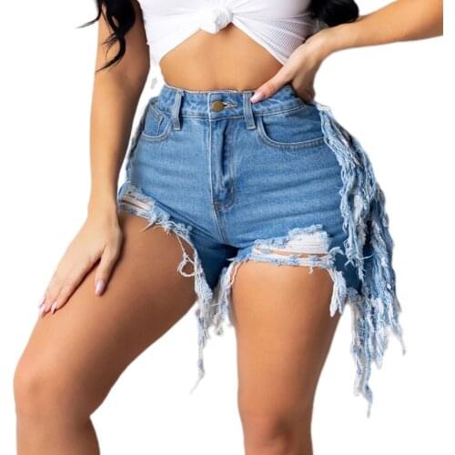 Blue Fashion Tassel Denim Shorts Sexy Women High Waist Straight Hole Jeans Shorts Streetwear Lady Short Jeans Female Summer 2021