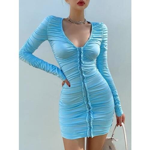 Sexy Club Mini Dress Y2k Long Sleeve Blue Folds V Neck Tight Dress Aesthetic Winter Baddie Clothes Short Dresses Party Classy