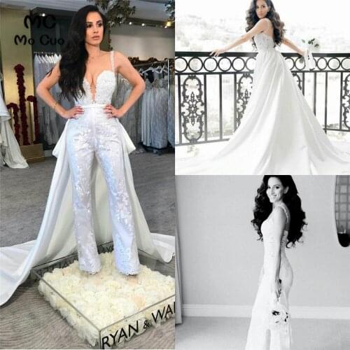 Wedding Dresses Jumpsuits With Long Train Lace Appliqued Spaghetti Boho Overskirts Wedding Dress Plus Size Beach Robes De Marié