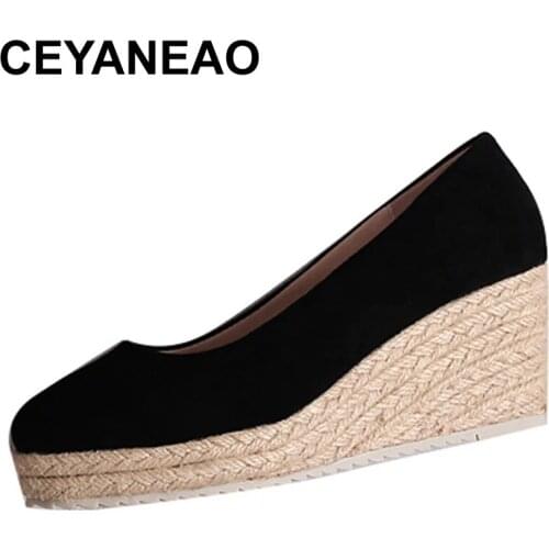 CEYANEAO Flock women high heel shoes wedges platform round toe ladies pumps work party skid resistance comfortable espadrilles