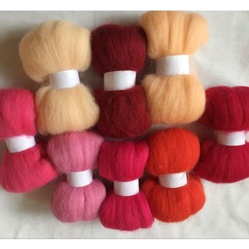WFPFBEC DIY 70s 100% wool fiber RED 8colors 10/bag wool for needle felting handle tools set wool roving