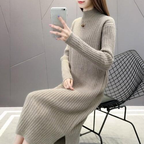 Whcw Cgdsr 2020 Vintage Fashiond Winter Pullover Autumn Thick Solid Sweater Dress Women Elegant Knitted Cute Jumper Korean Styl