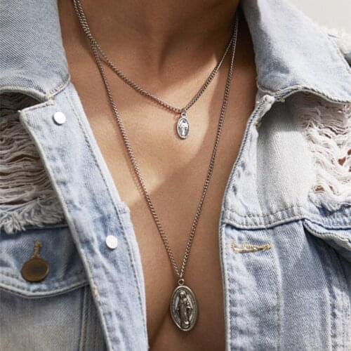 New Fashion Virgin Mary Cross Pendant Necklace Religious Jewelry Two Layers Silver Color Chain Necklace for Women Collares