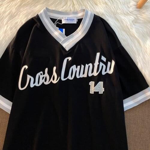 Punk Gothic Letter Embroidery Sweatshirts T Shirts V-neck Short Sleeve Oversized T Shirt American Vintage Y2k Top Female Summer