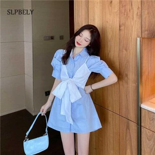 SLPBELY Women Korean Mini Dress Casual Summer Bow Blue Turn Down Collar Shirt Dress Women Short Puff Sleeve Chic Dress Vestido