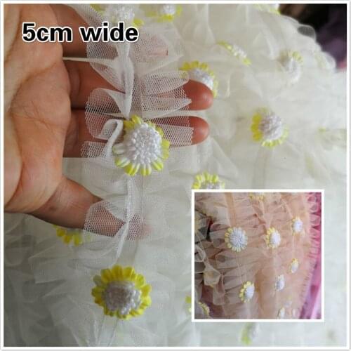 5cm Wide Exquisite Center Wrinkled Sunflower Applique Lace Ribbon DIY Hat Bag Strap Decorative Clothes Skirt Dress Hem Trim