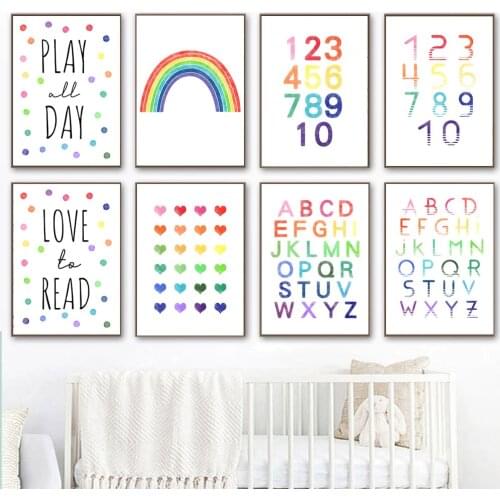Abstract Rainbow Poster ABC Alphabet Arabic Numerals Art Print Love Read Quotes Wall Art Canvas Painting Baby Kids Room Decor