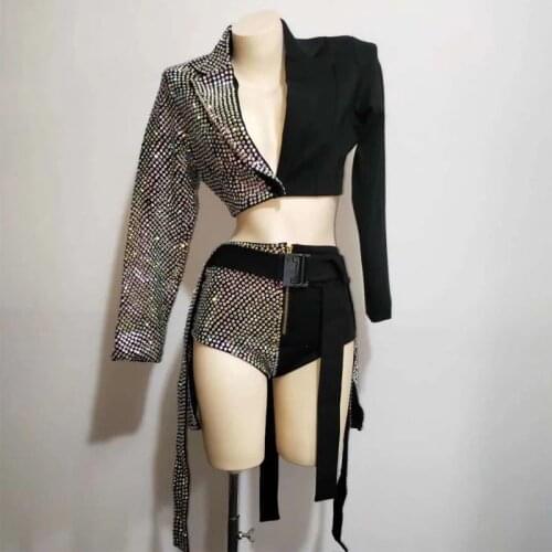 Sparkly Rhinestones Outfit Sexy Black Blazer Short Design Party Dj Female Singer Nightclub Jazz Dance Skirt Costume