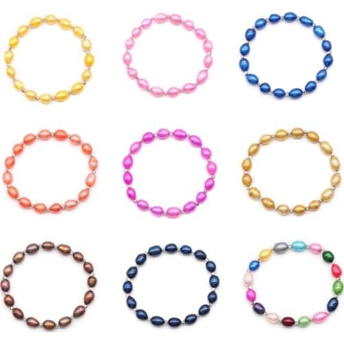 Rainbow color Real Freshwater 7-8MM Pearl Bracelet Christmas Gift Elastic Bangle Women Wrist Jewelry PB011