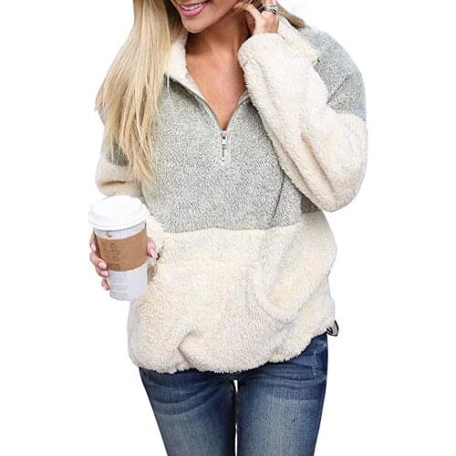 Hitmebox 2019 Autumn Winter Female 1/4 Zipper Sherpa Soft Fleece Pullover ColorBlock Sweater Outwear Sweashirts kangaroo Pockets