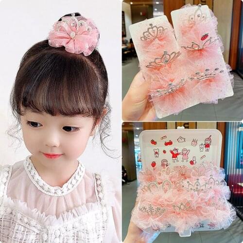 Korean Baby Hair Bow Mesh Crown Hairpin Rabbit Ear Rhinestone Cute Hair Accessories Little Girl Ball Hair Card