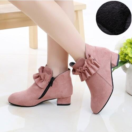 Girls' Short Boots High-heeled Princess Single Boots 2021 Autumn Winter New Childrens Shoes with Ruffle Sweet for Wedding Chic