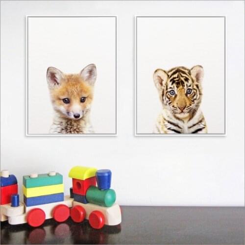 Forest Jungle Animal Prints Baby Tiger Art Print Poster , Woodland Nursery Animals Fox Canvas Painting Kids Room Wall Art Decor