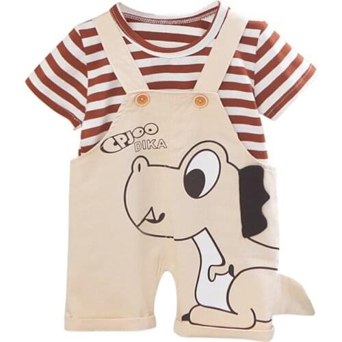 2Pcs Summer Baby Boys Clothes Set Striped T-shirt Dinosaur Overalls Infant Outfits Kids Children Instagramable Clothing Suit