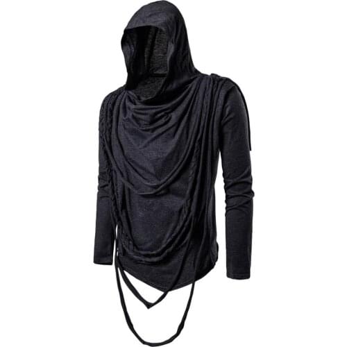 Men autumn punk rock hip hop long sleeve t shirt ripped tassel hooded tees tops man gothic style cloak black white 6 colors