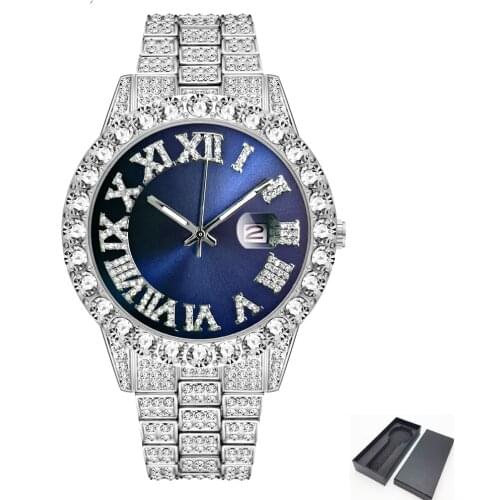 Dropshipping Iced Out Watch Men Hip Hop Luxury Fully Bling Diamond Quartz Mens Watches Blue Face Waterproof AAA CZ Relojes 2021