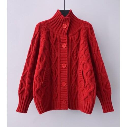 2021 New Fashion Casual Sweater Knit Cardigan Womens Turtleneck Loose Sweater Thickened Twisted Rhombus Ladys Cardigan Jacket