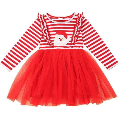 2021 New Christmas Girls Dress Toddler Kid Baby Girls Xmas Clothes Cartoon Santa Long Sleeve Striped Tulle Party Dresses 18M-6Y