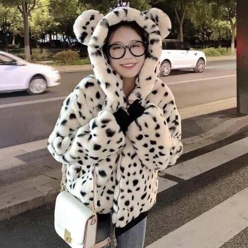 2021 Autumn Winter Women Elegant Furry Faux Rabbit Fur Coats Lady Hooded Thick Warm Outwear Female Leopard Fake Fur Jacket M375