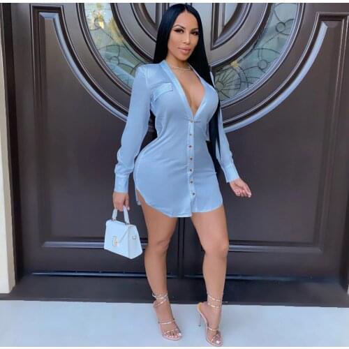 Adogirl Long Sleeve Buttom V-Neck Mini Dress Women 2021 Casual Solid Shirt Dresses Office Lady Streetwear White Blue Yellow