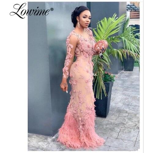 Pink African Mermaid Evening Dresses 2020 Pearls Handmade Flowers Illusion Feathers Long Sleeves Arabic Dubai Prom Party Gowns