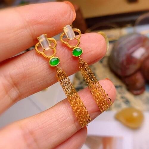 Natural glass chalcedony tassel craft earrings Chinese style retro aristocratic light luxury charm womens silver jewelry