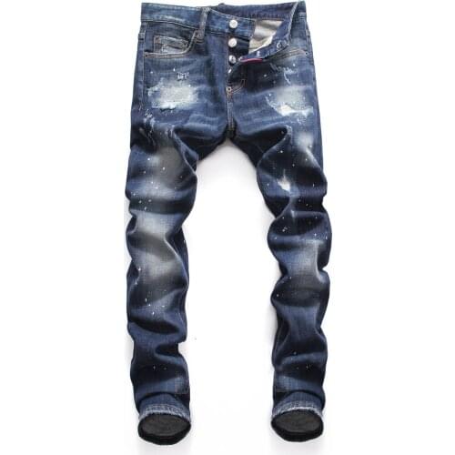 SEVEYFAN 2021 Mens Skinny Painted Jeans Blue Scratch Patchwork Slim fit Denim Pants for Male