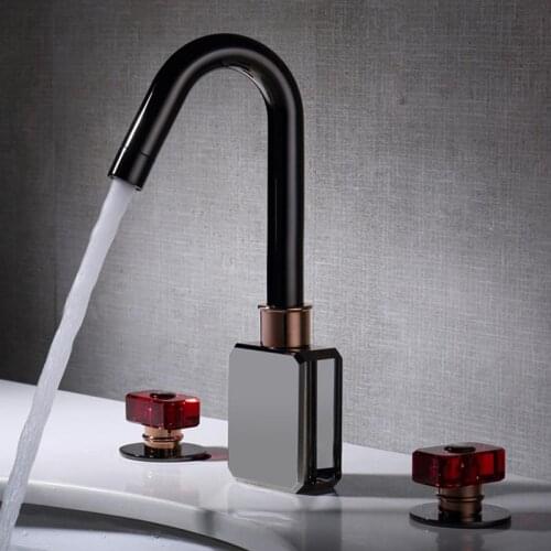 Widespread Bathroom Basin Faucet Brass Deck Mounted Dual Handle Three Hole Taps Hot Cold Water Mixer